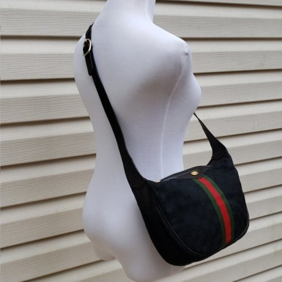 GUCCI GG WEB BLACK CANVAS STRIPE OPHIDIA SHOULDER BAG - Picture 6 of 6